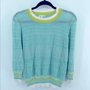 Minnie Rose 100% cotton loose knit netting striped banded crewneck sweater sz L